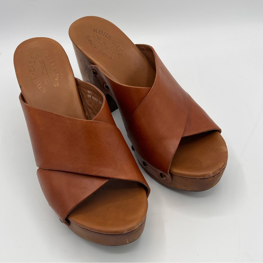 Kork-Ease Brown Leather Mules with Cross-Over Design Size 9